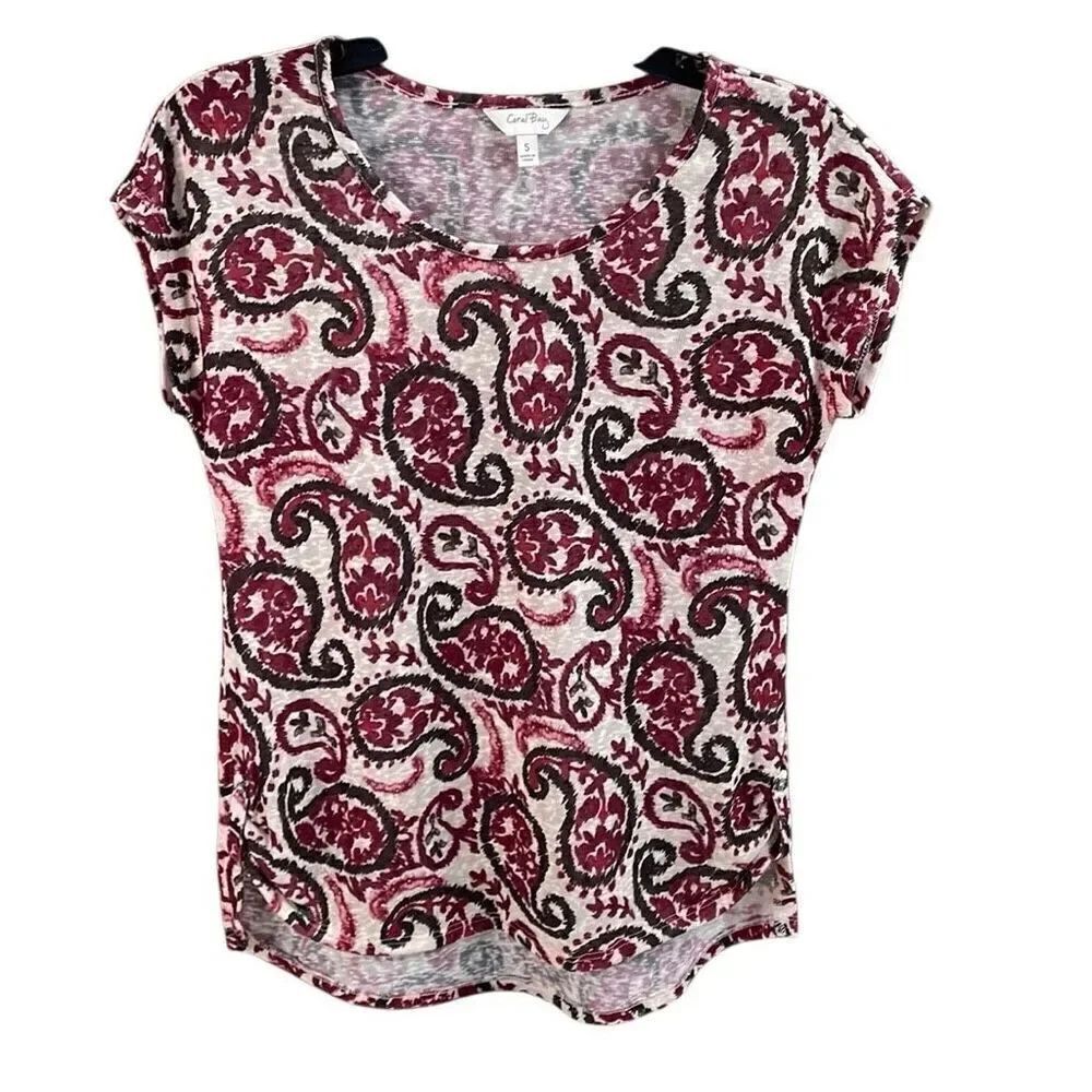 CORAL BAY Women’s Paisley Scoop Neck Boho Short Sleeve Top Size Small